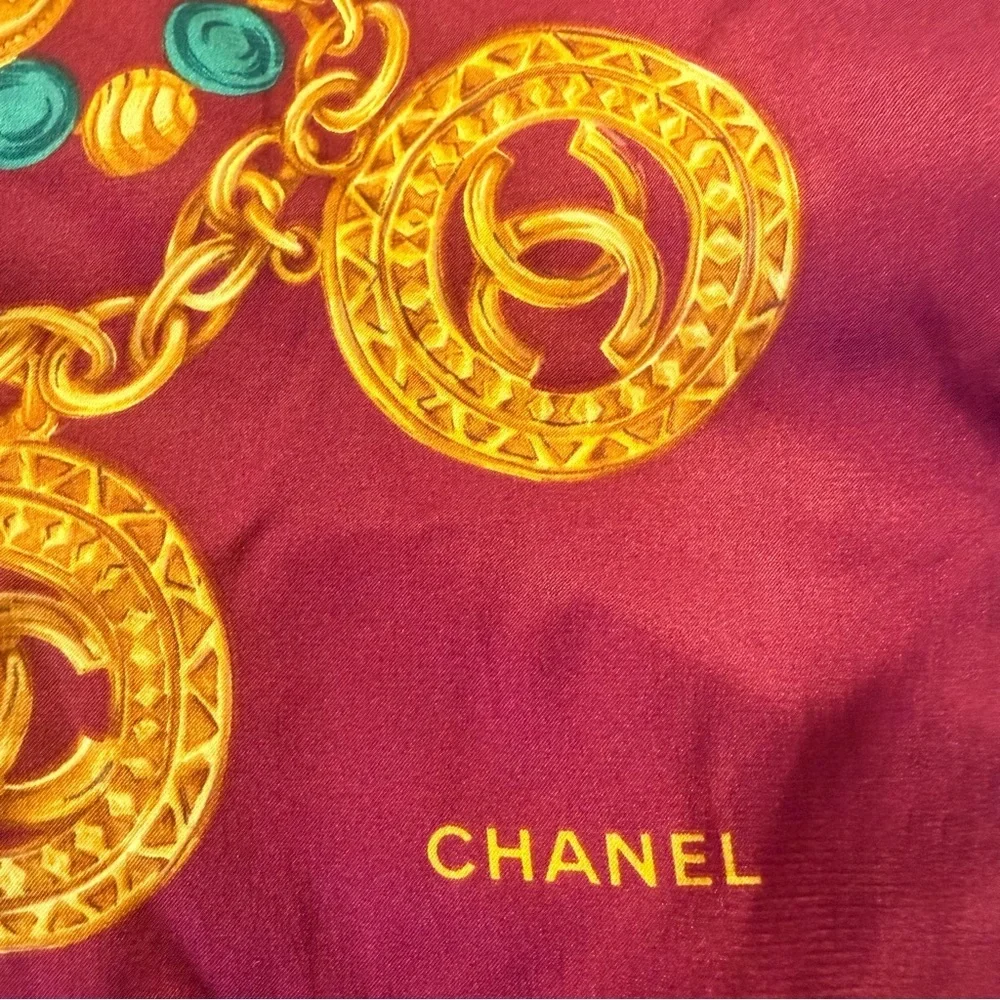 Vintage Chanel Silk Scarf in Burgundy with Gold Chain and Coin Detail